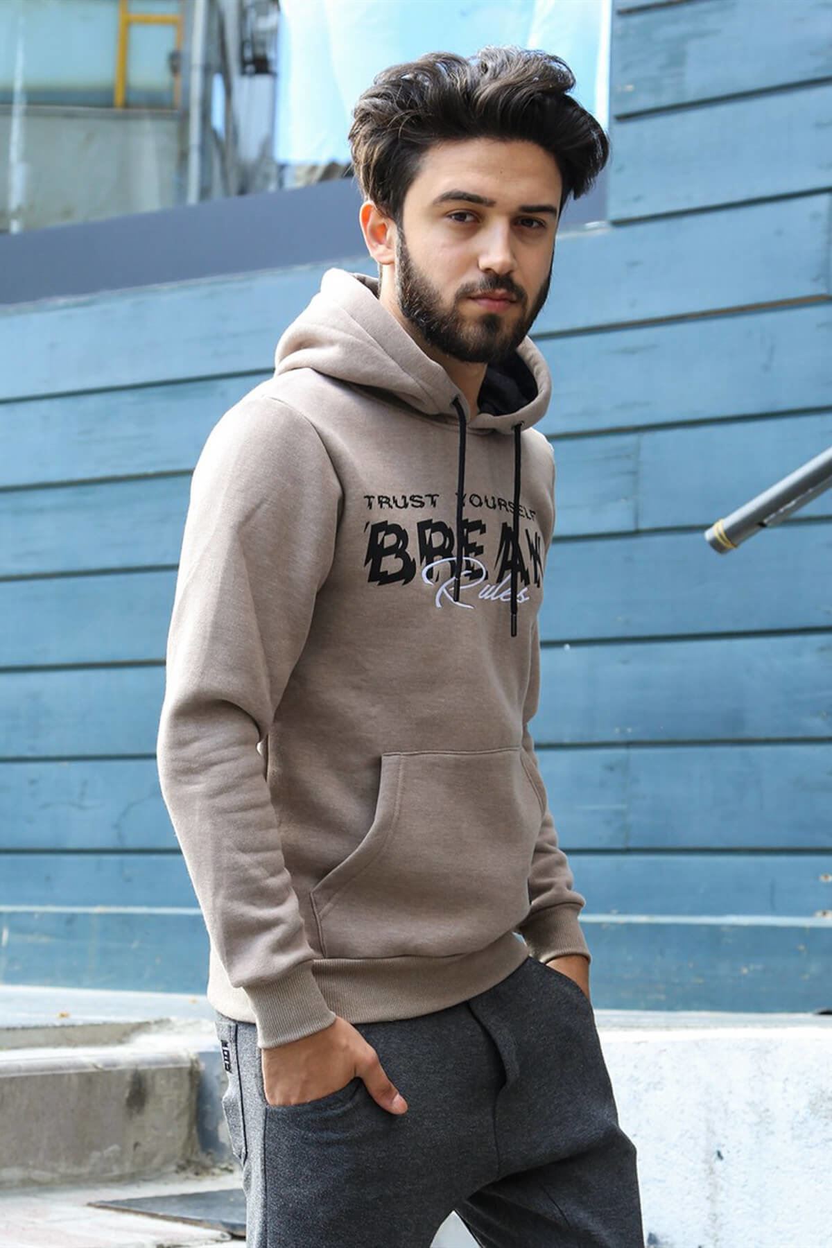 Kapüşonlu Baskılı Sweatshirt Camel